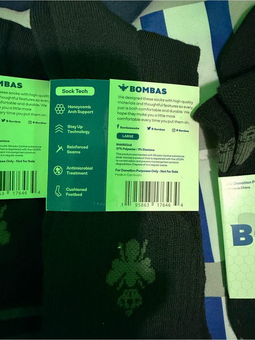 Bombas Black Crew Socks with Subtle Green Clover Motif